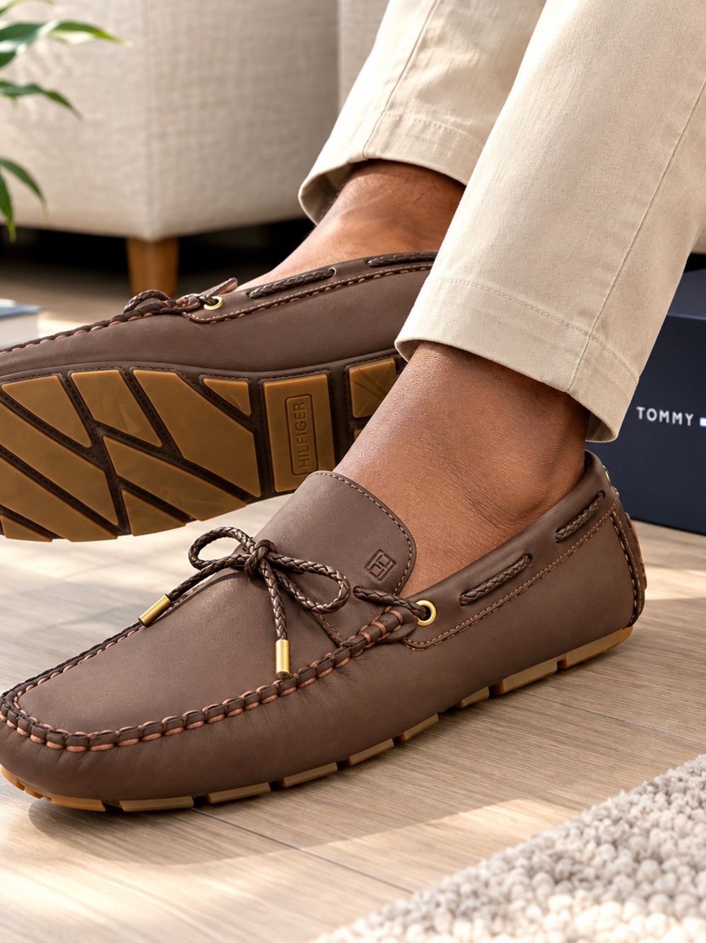 Tommy Hilfiger Men’s Brown Leather Driving Loafers Moccasin Slip On Shoes. Size9
